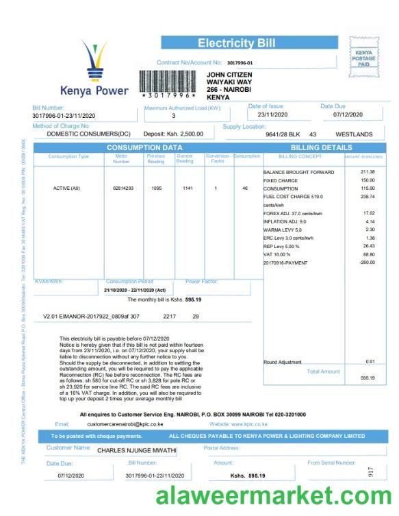 Kenya Power utility bill template in Word and PDF format
